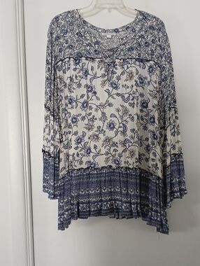 Westport Blue & White Boho Floral Peasant Tunic